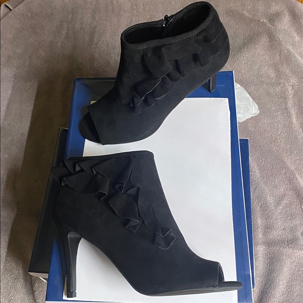 Kaari Blue Black Suede Ruffle Ankle Boots